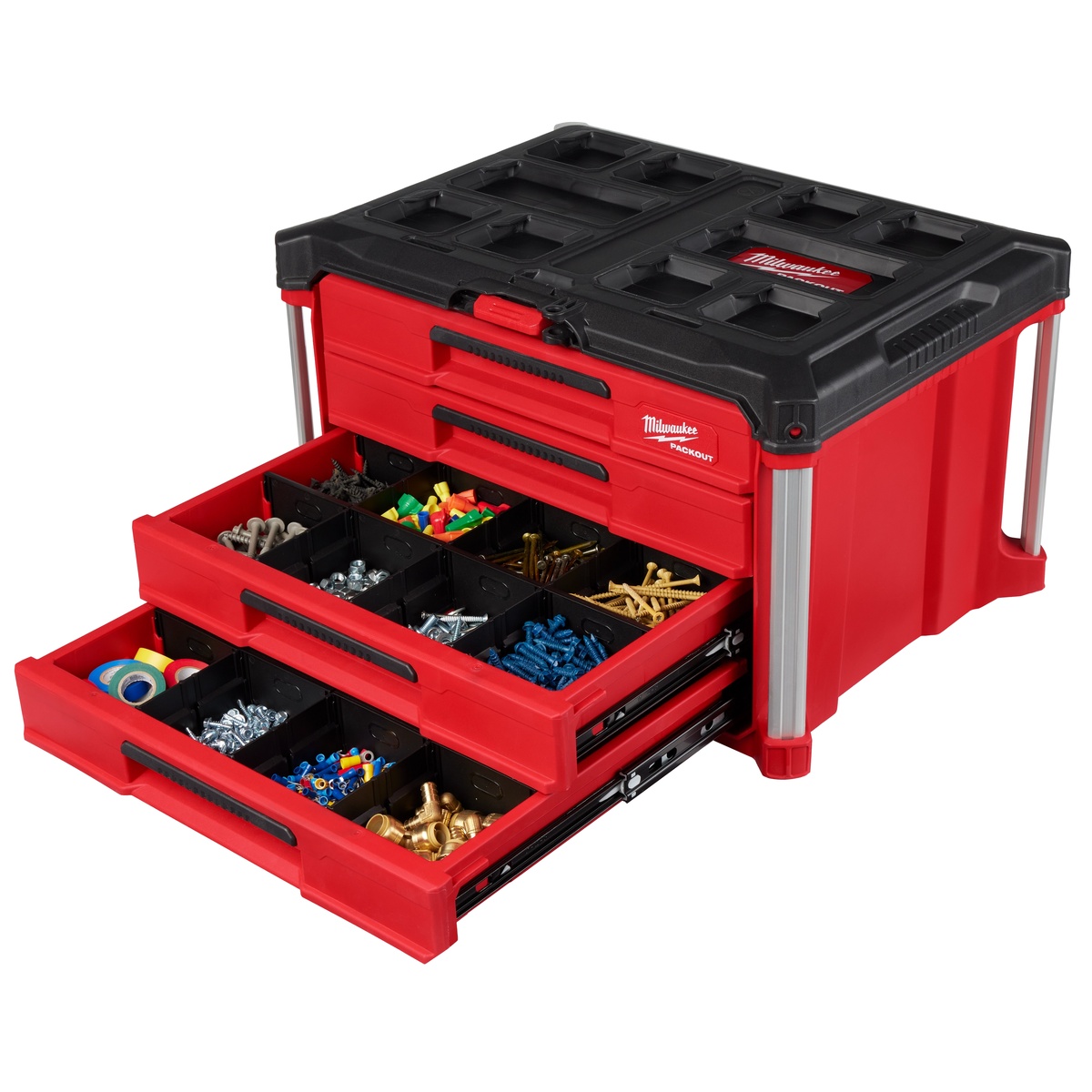 Milwaukee 48-22-8444 PACKOUT 4-Drawer Tool Box with drawers open and organized hardware inside for jobsite parts storage