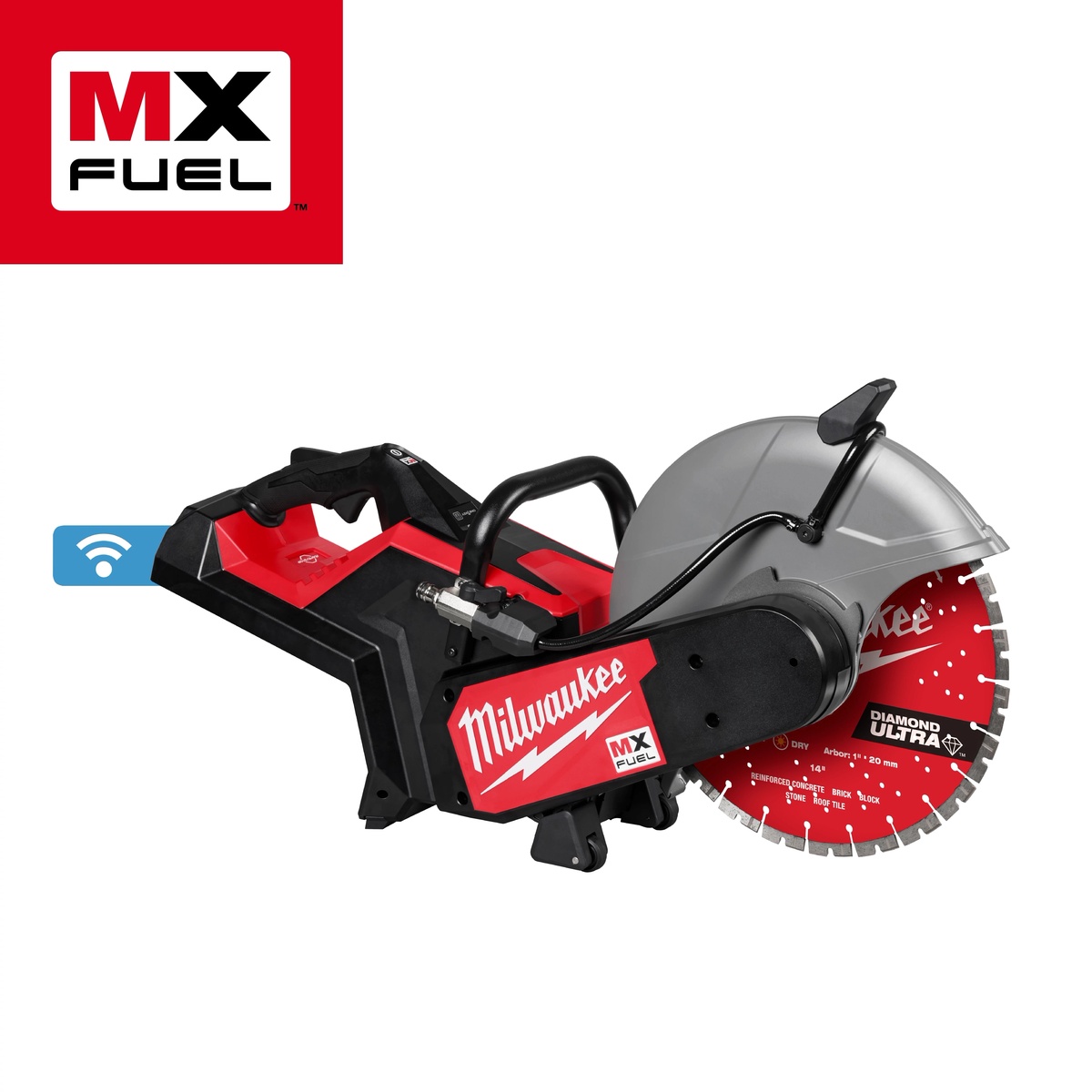 Milwaukee MXF315-0 MX FUEL 14 in Cut-Off Saw product view showing the 14 inch blade guard and ONE-KEY compatible platform