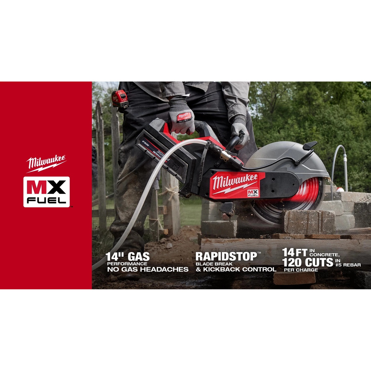 Milwaukee MXF315-0 MX FUEL 14 in Cut-Off Saw cutting concrete blocks outdoors with water feed connected on a jobsite