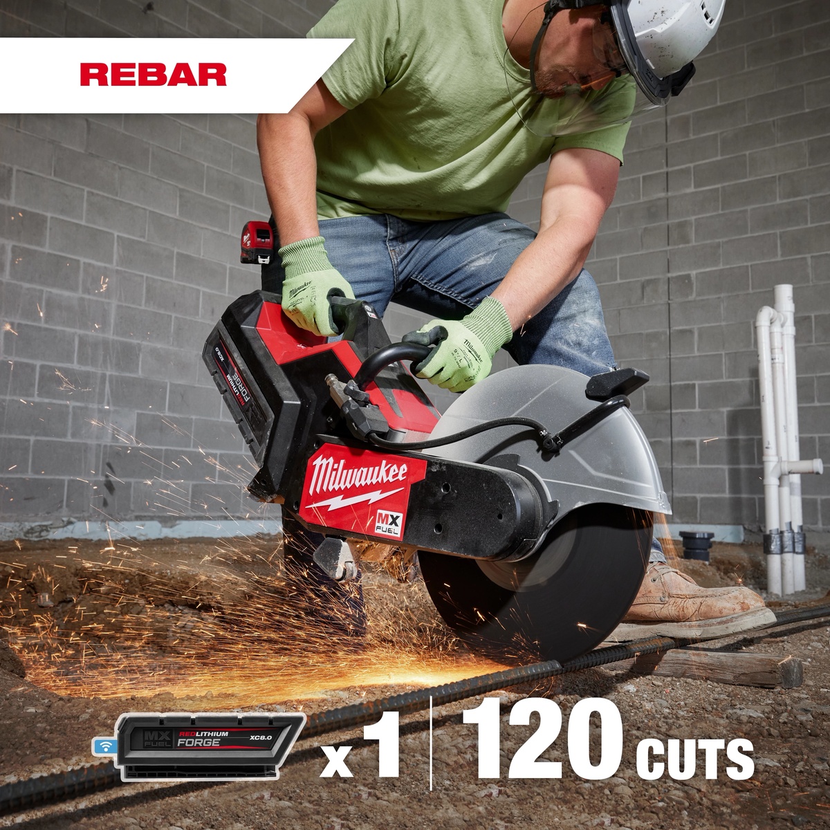 Milwaukee MXF315-0 MX FUEL 14 in Cut-Off Saw cutting rebar indoors with sparks during construction work