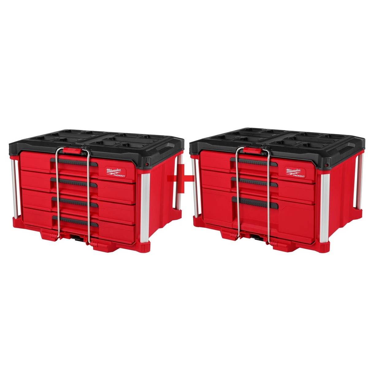Milwaukee PACKOUT 4-Drawer Tool Box with PACKOUT 3-Drawer Tool Box shown together as a modular drawer storage combo for jobsite tool organization and transport