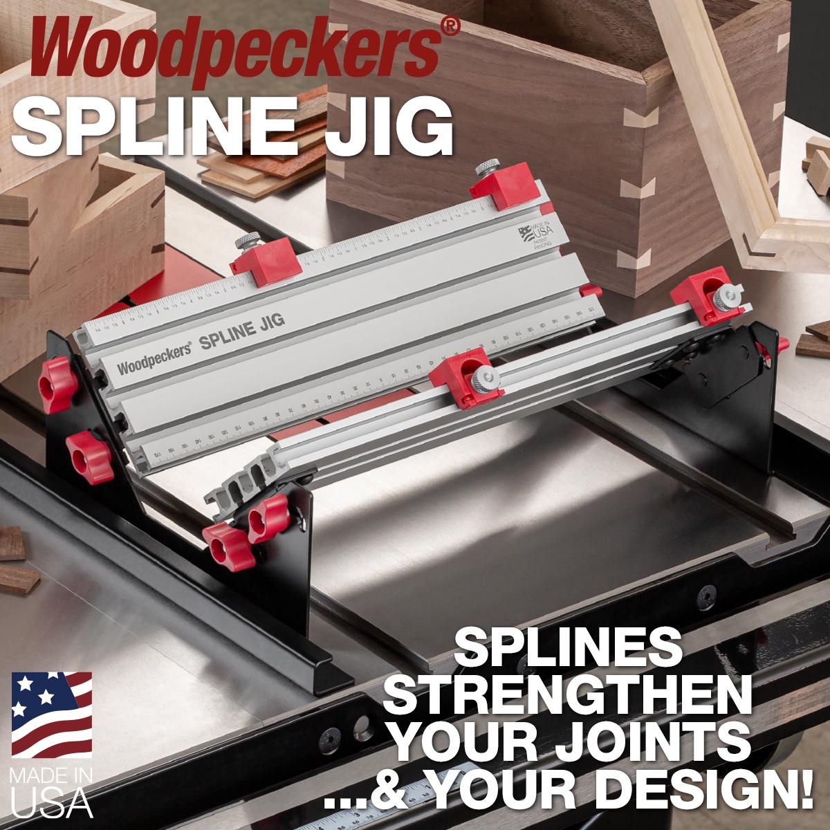 Woodpeckers Spline Jig set up on a table saw for cutting decorative and structural spline grooves into mitered wood boxes in a woodworking shop