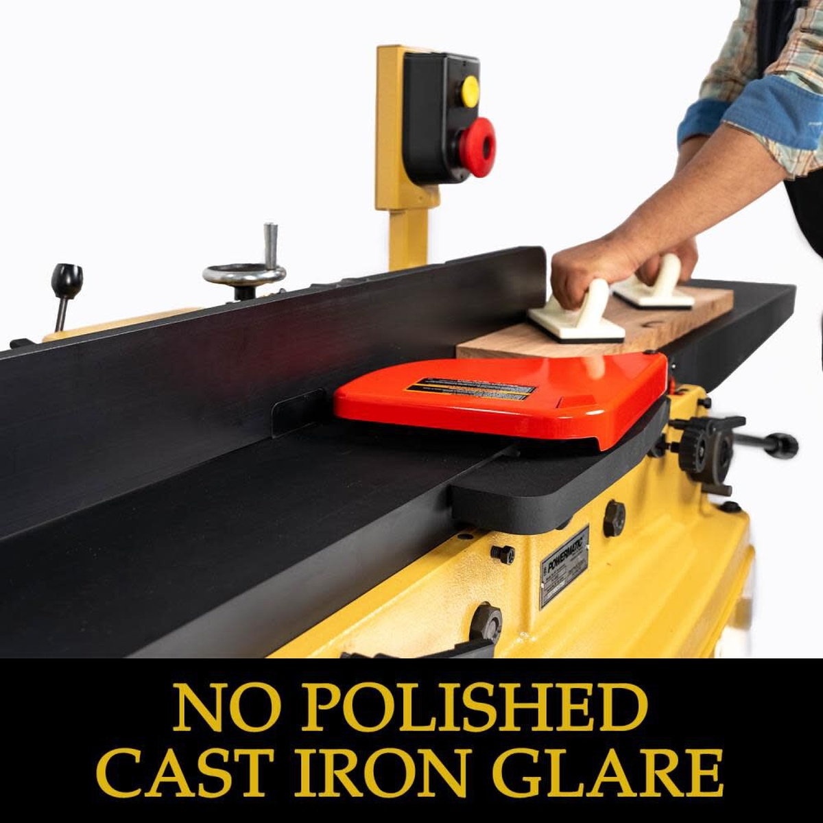 Powermatic PJ882T Jointer 2HP 1PH 230V SH ArmorGlide in use jointing a hardwood board on the coated table surface in a woodworking shop
