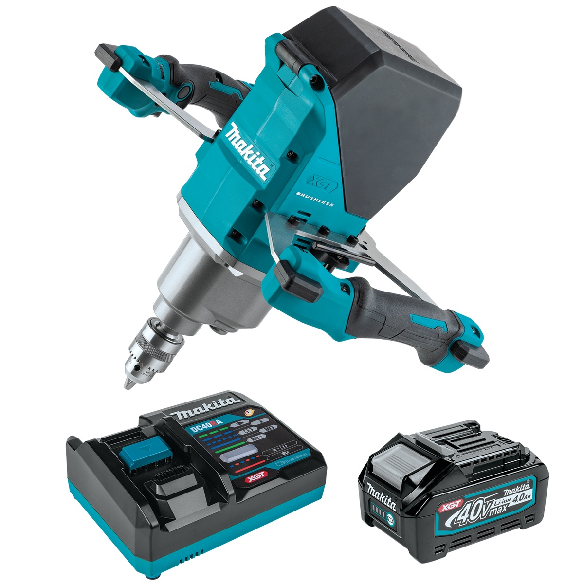 Makita GTU01M1 40V max XGT Brushless Cordless 1/2 inch mixer kit with included charger and 4.0Ah battery for jobsite material mixing
