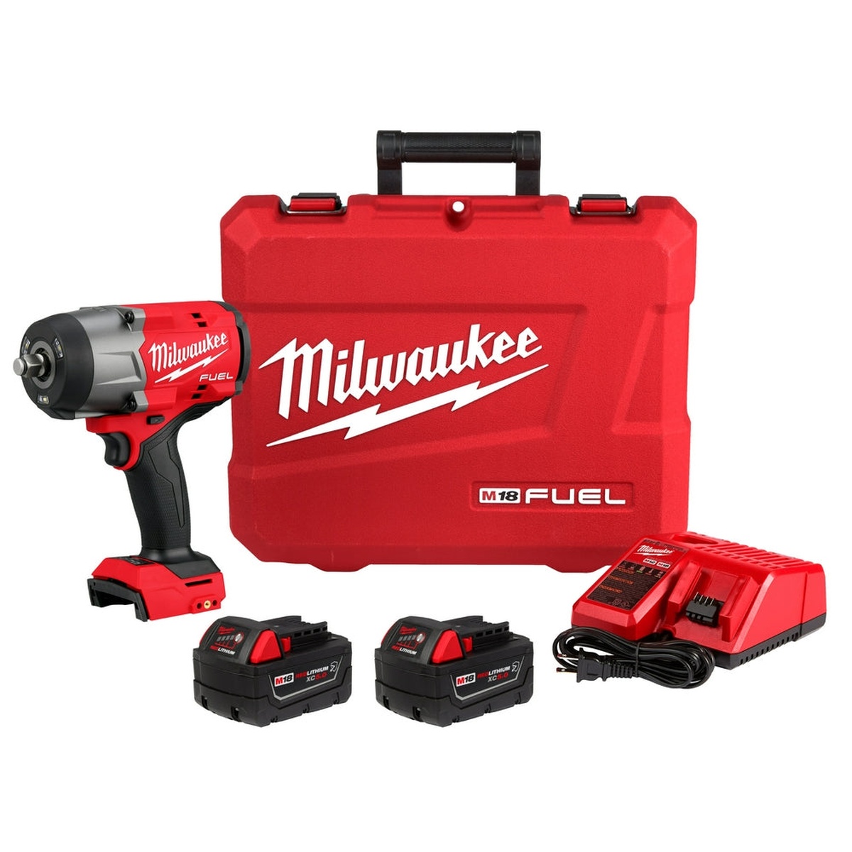 Milwaukee 2967-22 M18 FUEL 18V 1/2 inch high torque impact wrench friction ring kit shown with carrying case, charger, and batteries on a clean background for shop and jobsite setup
