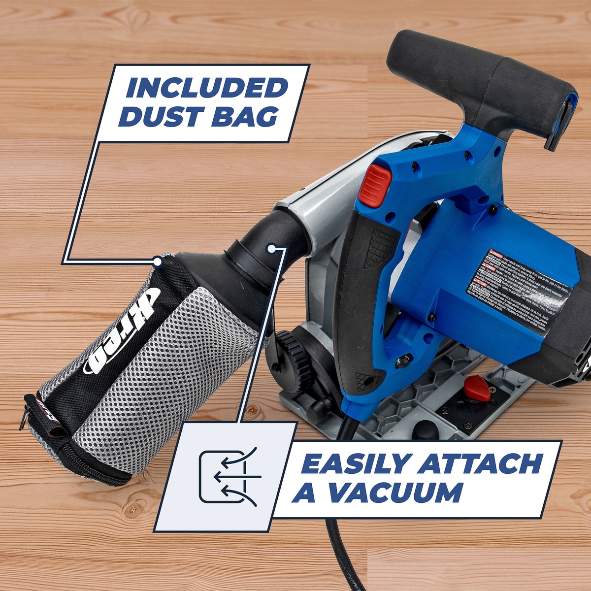 Kreg ACS2100 plunge saw dust port with included dust bag attached on a wood work surface