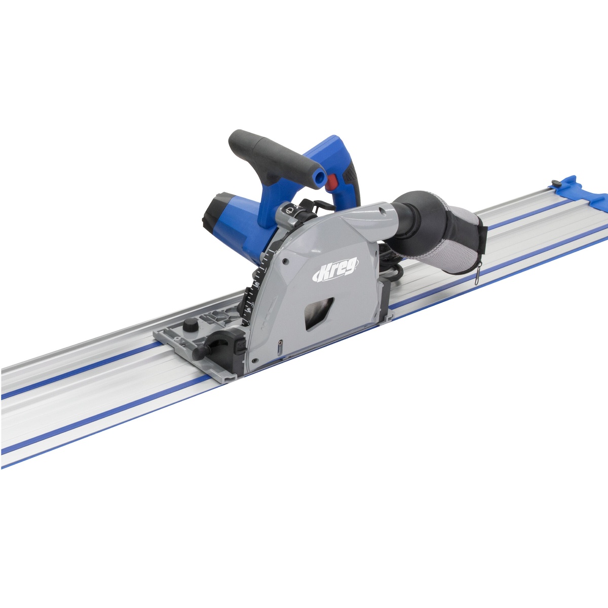 Kreg ACS2100 plunge saw riding on its guide track during a straight cutting setup on a clean background