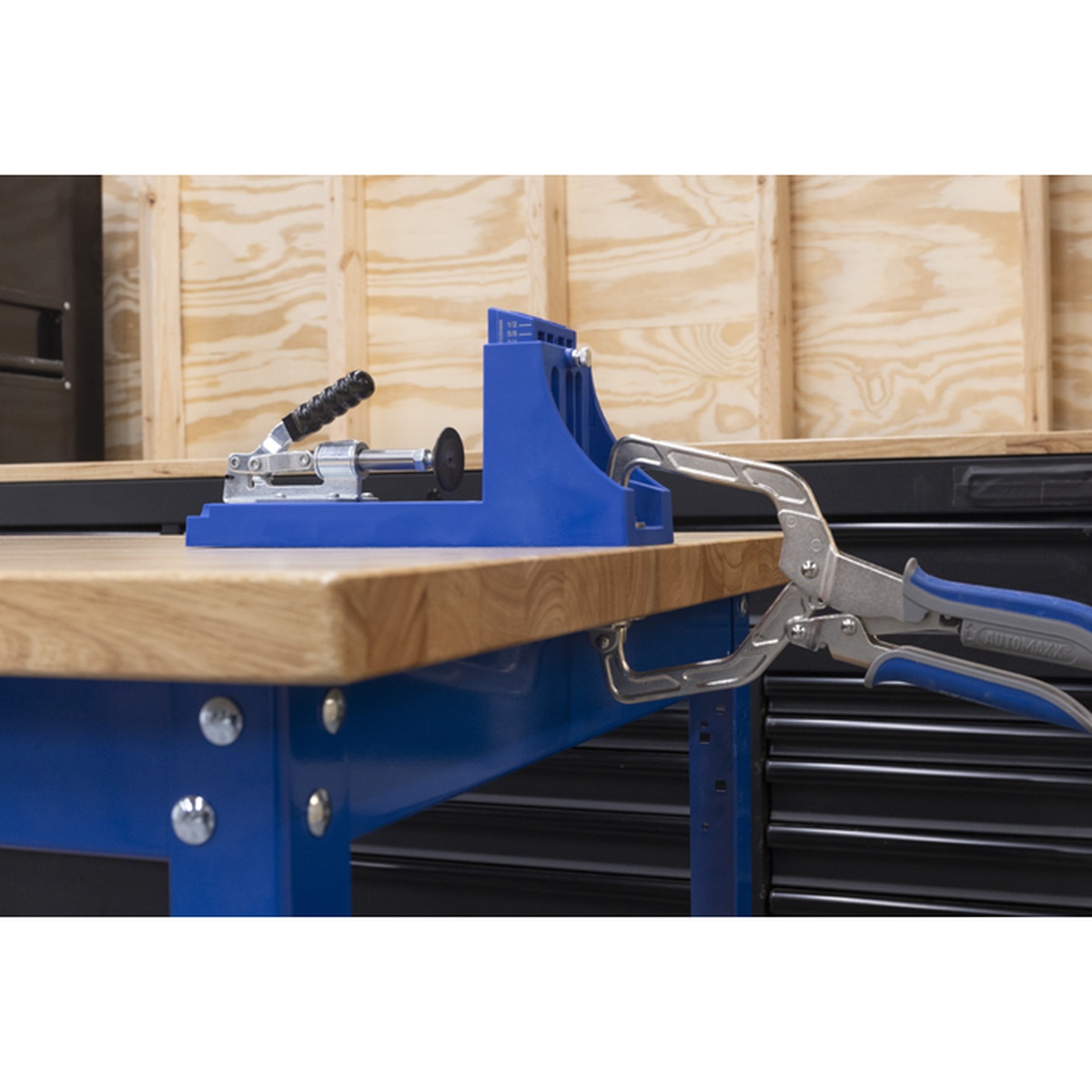 Kreg Tool UBENCH-6824-DH workbench edge used for clamping a woodworking accessory to the hardwood top in a shop setting
