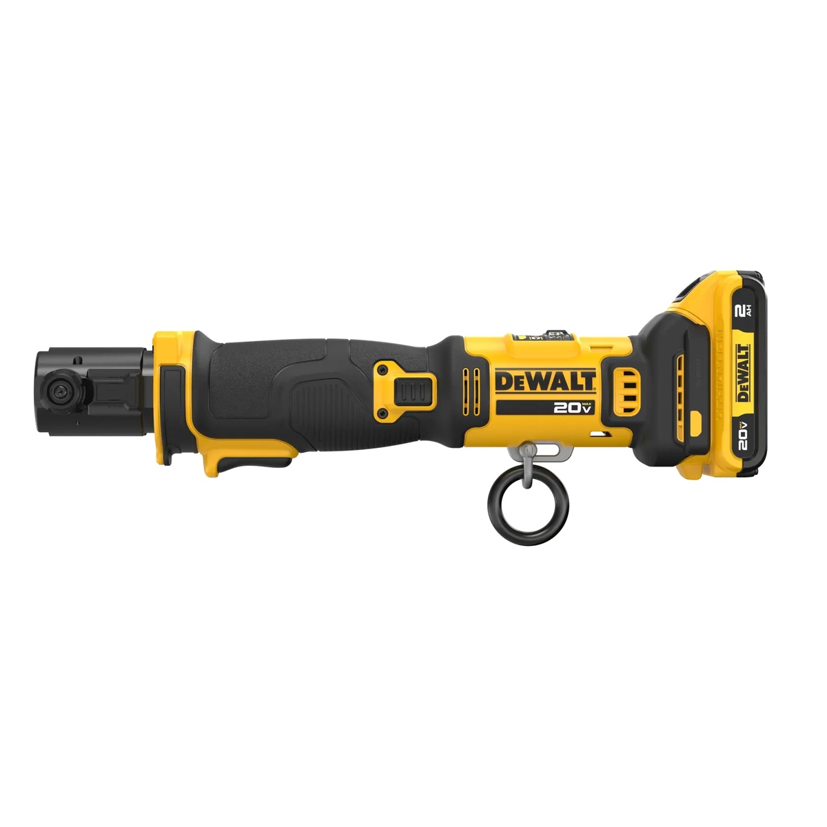 DEWALT 20V MAX Compact Press Tool Kit side profile showing compact inline press tool body, shoulder strap hook, and 20V MAX battery interface