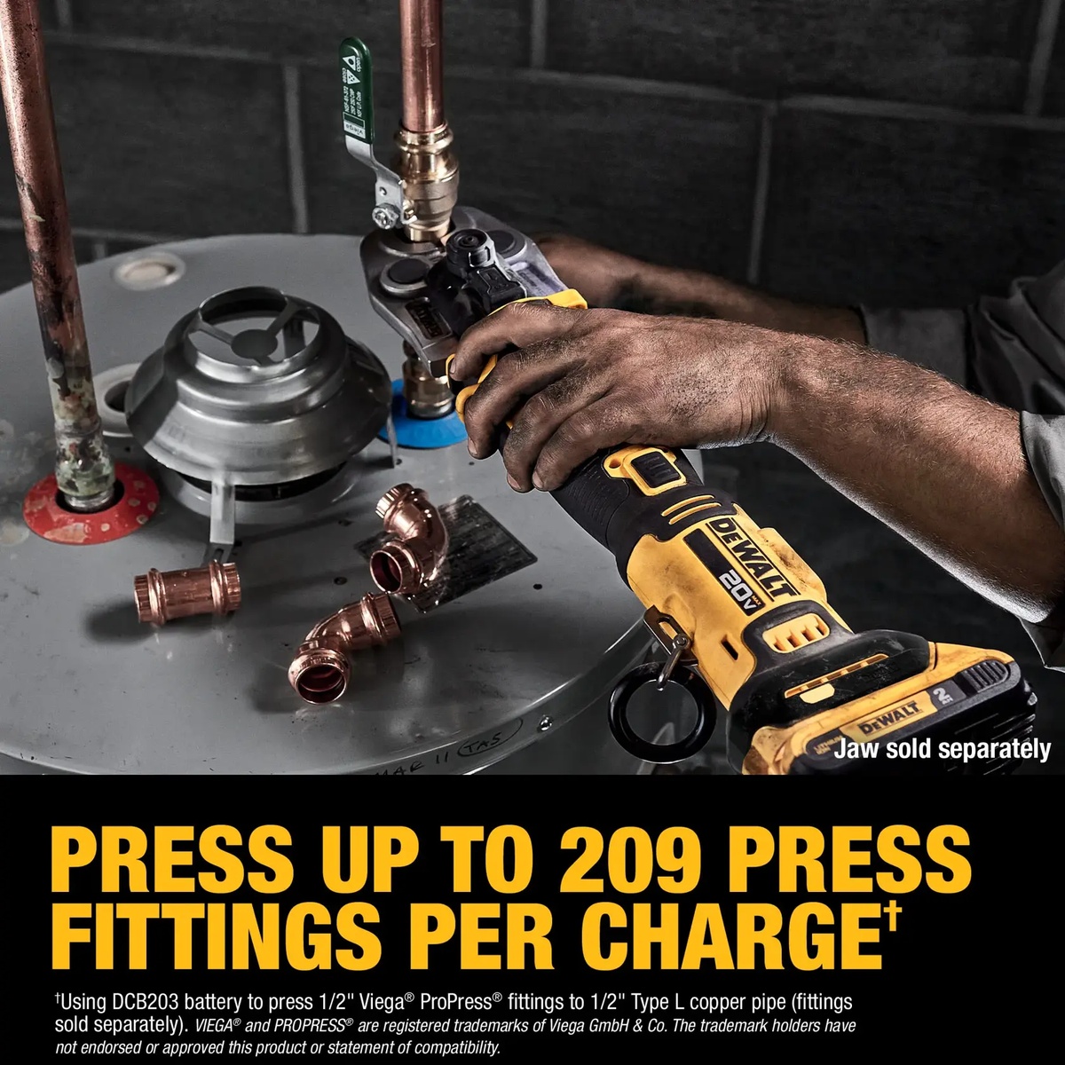 DEWALT 20V MAX Compact Press Tool Kit pressing a copper fitting on plumbing pipe in a tight mechanical room service application
