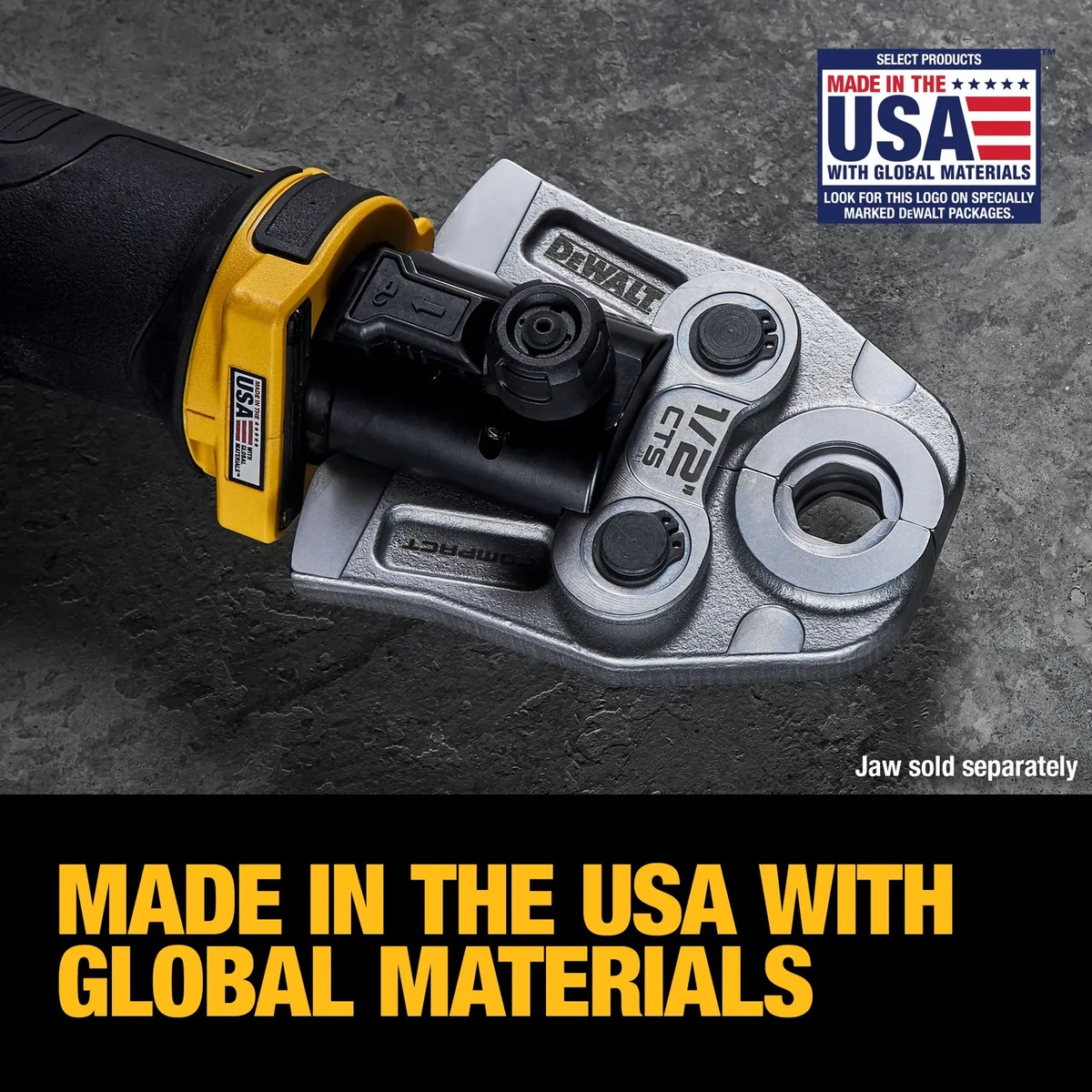 DEWALT 20V MAX Compact Press Tool Kit head detail showing compact press jaw interface and rotating head for close-quarters pipe fitting work