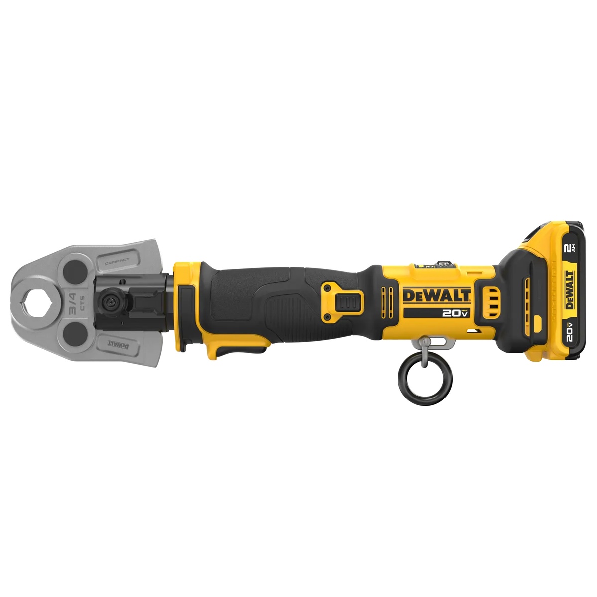 DEWALT 20V MAX Compact Press Tool Kit with CTS Jaws shown as a compact cordless press tool with battery installed for plumbing and pipe fitting work