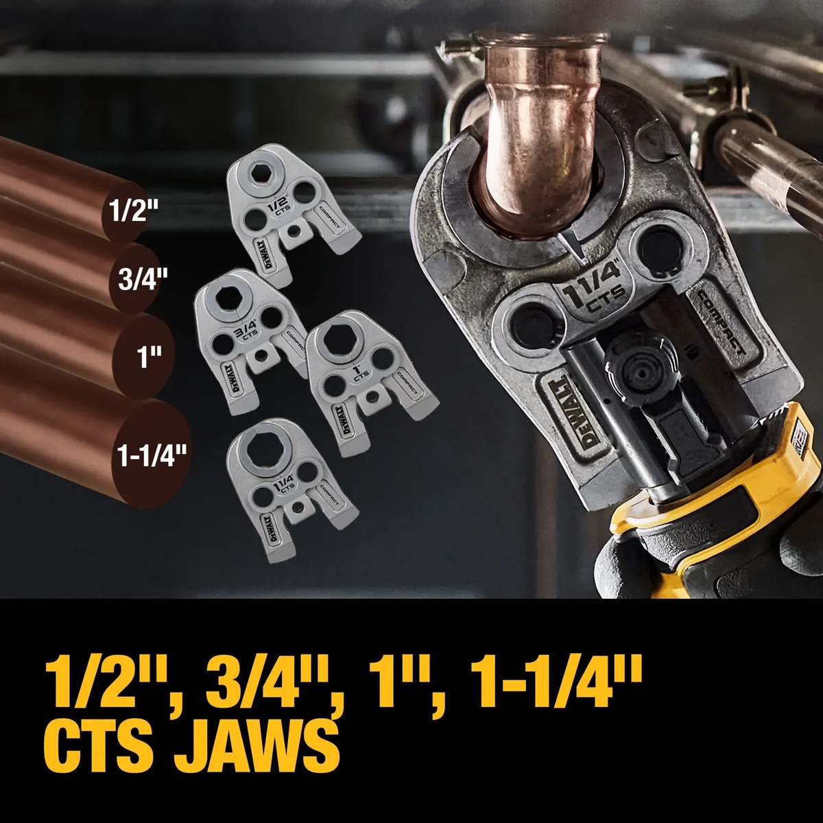 DEWALT 20V MAX Compact Press Tool Kit with CTS Jaws pressing a copper fitting in a tight plumbing installation with the 1-1/4 inch jaw attached