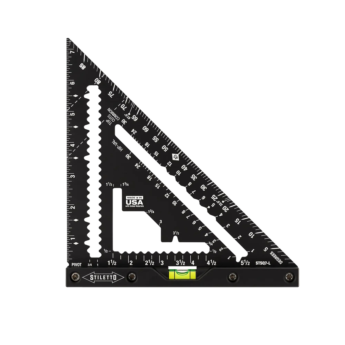 Stiletto STSQ7-L 7 in. Carpenter Square with Level shown as a compact framing and layout square for marking lumber and checking level on a jobsite
