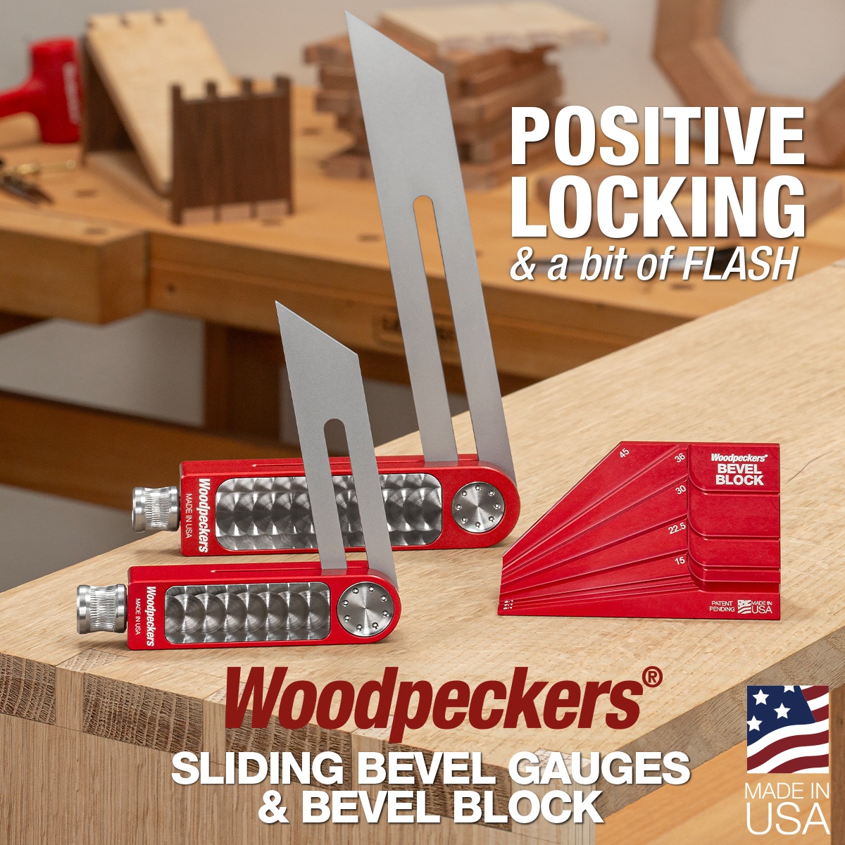 Woodpeckers SBG-7-23 Sliding Bevel Gauge shown on a woodworking bench for angle transfer and layout work in a shop setting