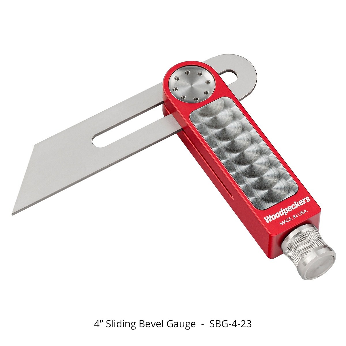Woodpeckers sliding bevel gauge detail showing metal blade and locking body used for marking and setting bevel angles on woodworking projects