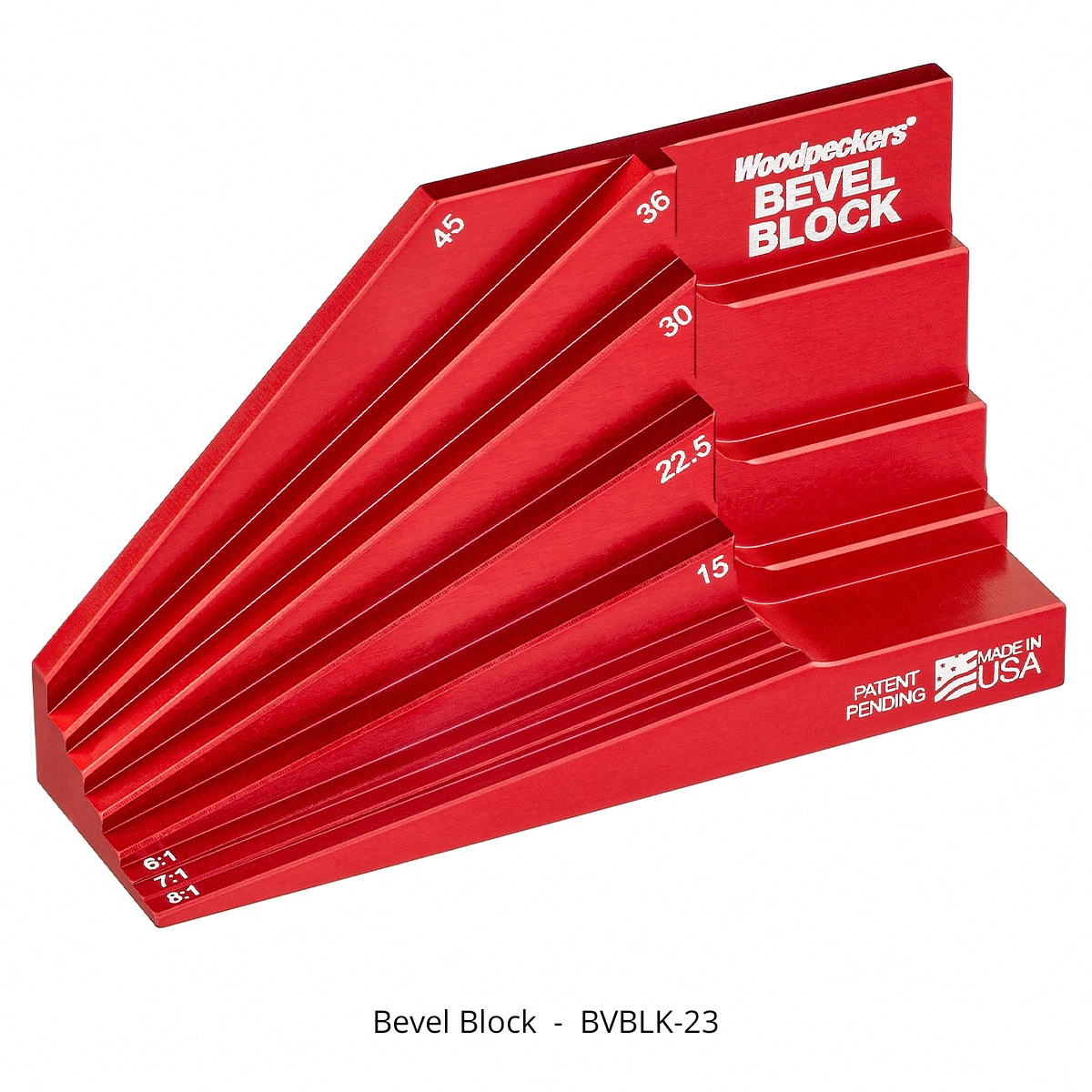 Woodpeckers Sliding Bevel Gauge Set SBG-DEL-23 bevel block close-up showing 15 22.5 30 36 and 45 degree reference faces for woodworking setup