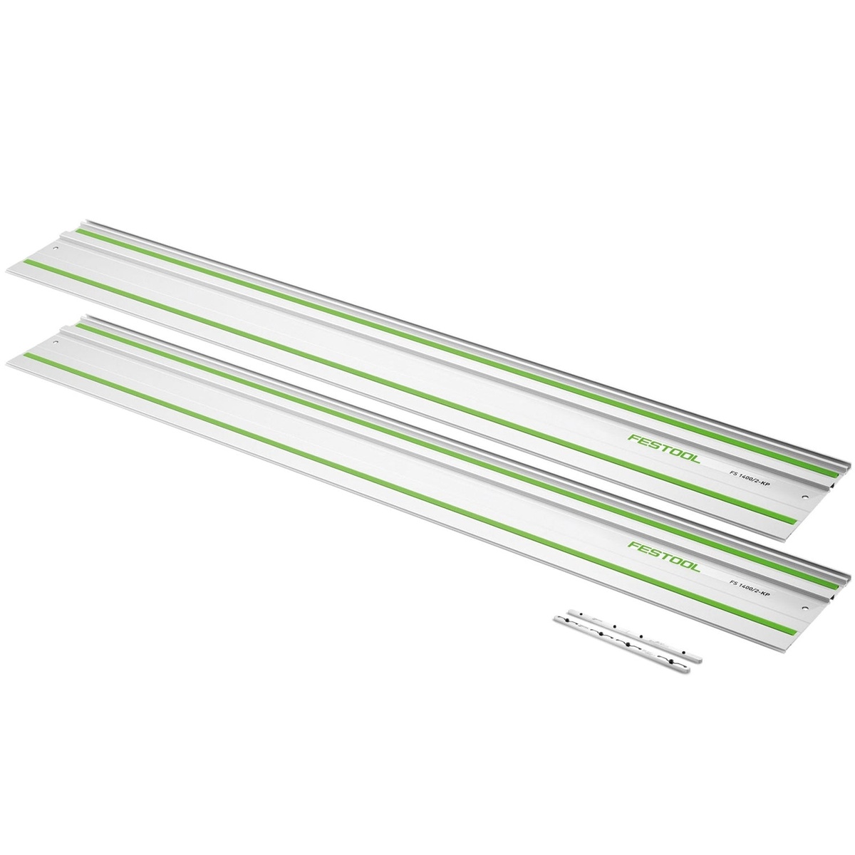 Festool FS 2800 110 inch Guide Rail Bundle with two joined guide rails and connector hardware shown for precision cutting of sheet goods and long panels in a workshop or jobsite setup