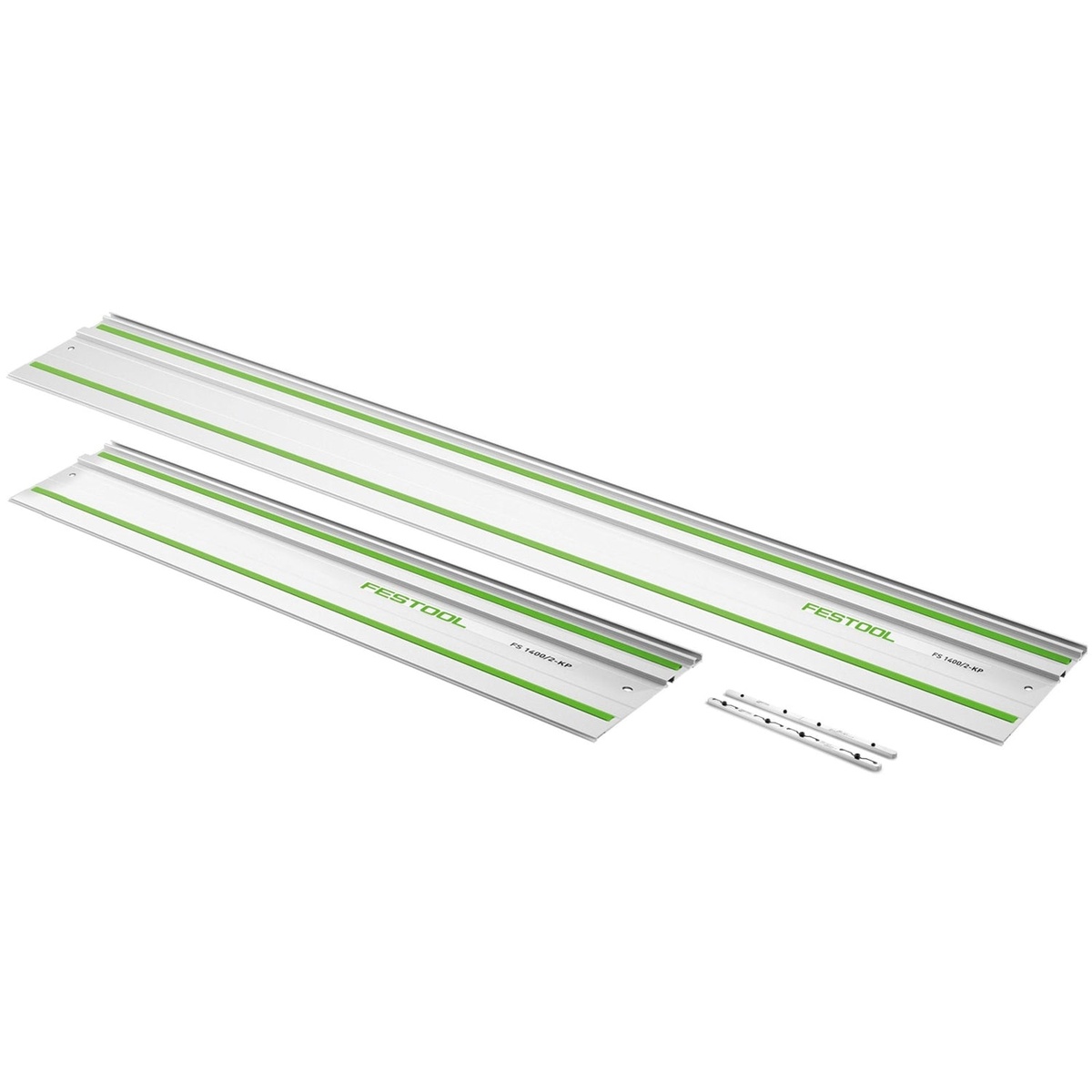 Festool FS 2980 118 inch Guide Rail Bundle shown as a long saw track setup with connecting hardware for precision cutting of large sheet goods in a shop or jobsite setting