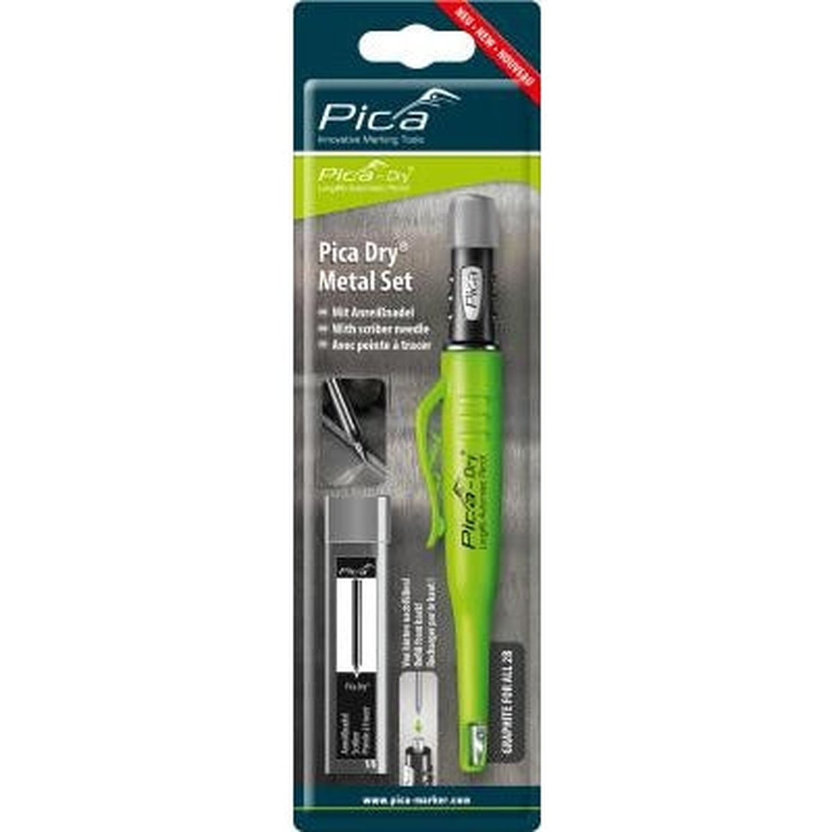 Pica-Dry 30800 Metal Set packaging showing the marker and hard metal scribing needle for precise metal layout marking in shop and jobsite use