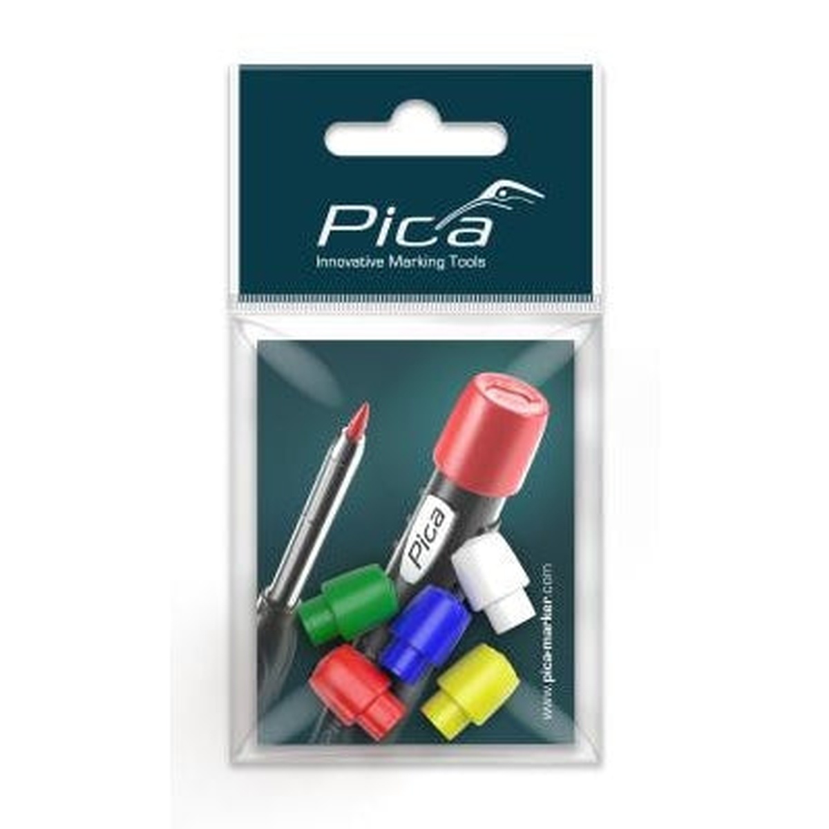 Pica-Dry 55801 5-Piece Colored Cap Set shown in package with colored caps and marking pencil accessory for organizing different refill setups at the workbench or on a tool belt