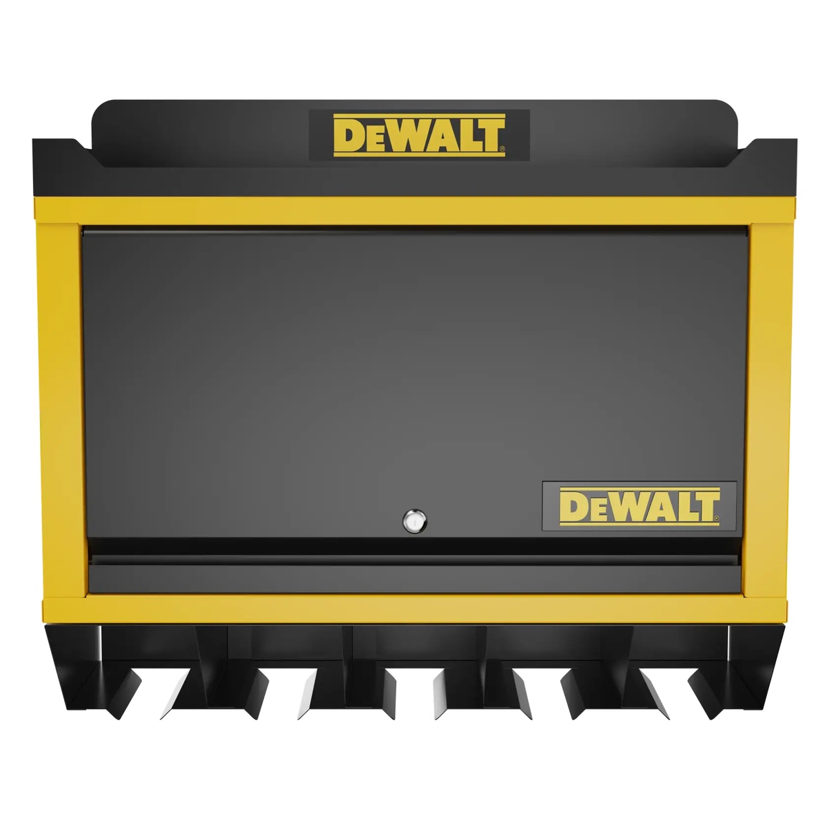 DeWALT DWST82824 Power Tool Wall Cabinet front view showing the locking steel cabinet and five lower tool slots for workshop wall storage