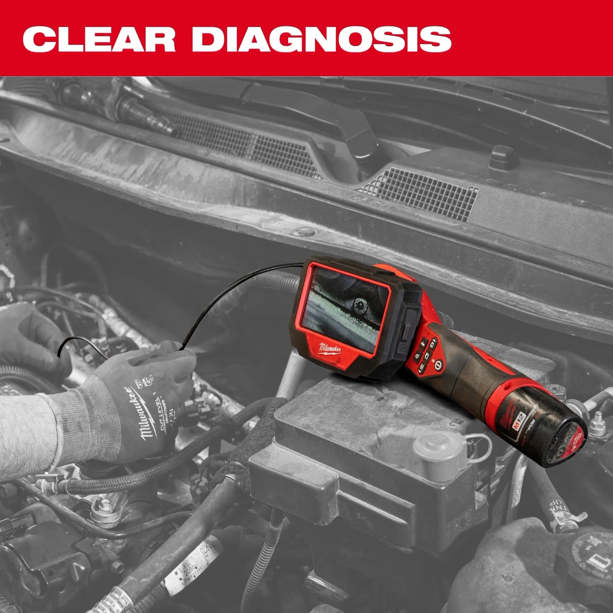 Milwaukee 3150-20 M12 Auto Technician Borescope being used in an engine bay during automotive diagnostic inspection
