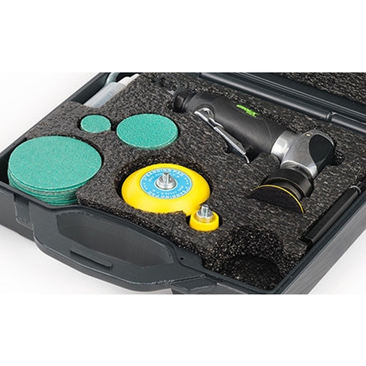 Grex AOS368K 105 Degree Angle Pneumatic Random Orbital Sander Kit in fitted carry case with sanding pads, extension shafts, and abrasive discs for detail sanding and spot sanding work