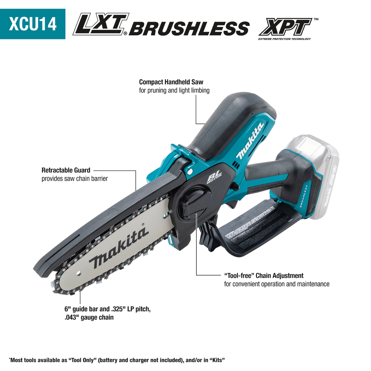 Makita XCU14Z 18V LXT Lithium-Ion Brushless Cordless 6 inch Pruning Saw shown in a feature detail view with the 6 inch guide bar, retractable guard, and tool-free chain adjustment for pruning and light limbing work