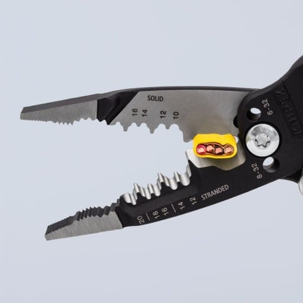 Knipex 9K 00 80 150 US forged wire stripper close-up stripping solid and stranded wire for electrical installation and repair work