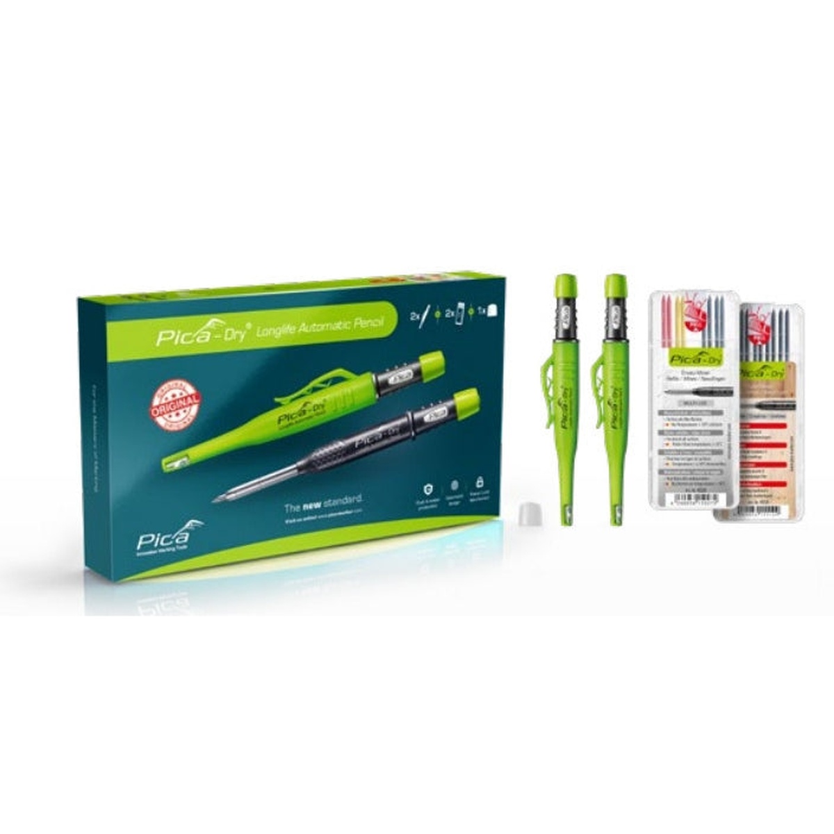 Pica Dry 3097 5-Piece Limited Edition Value Pack Set with two automatic pencils, refill packs, and white cap shown for jobsite marking and layout work on mixed materials