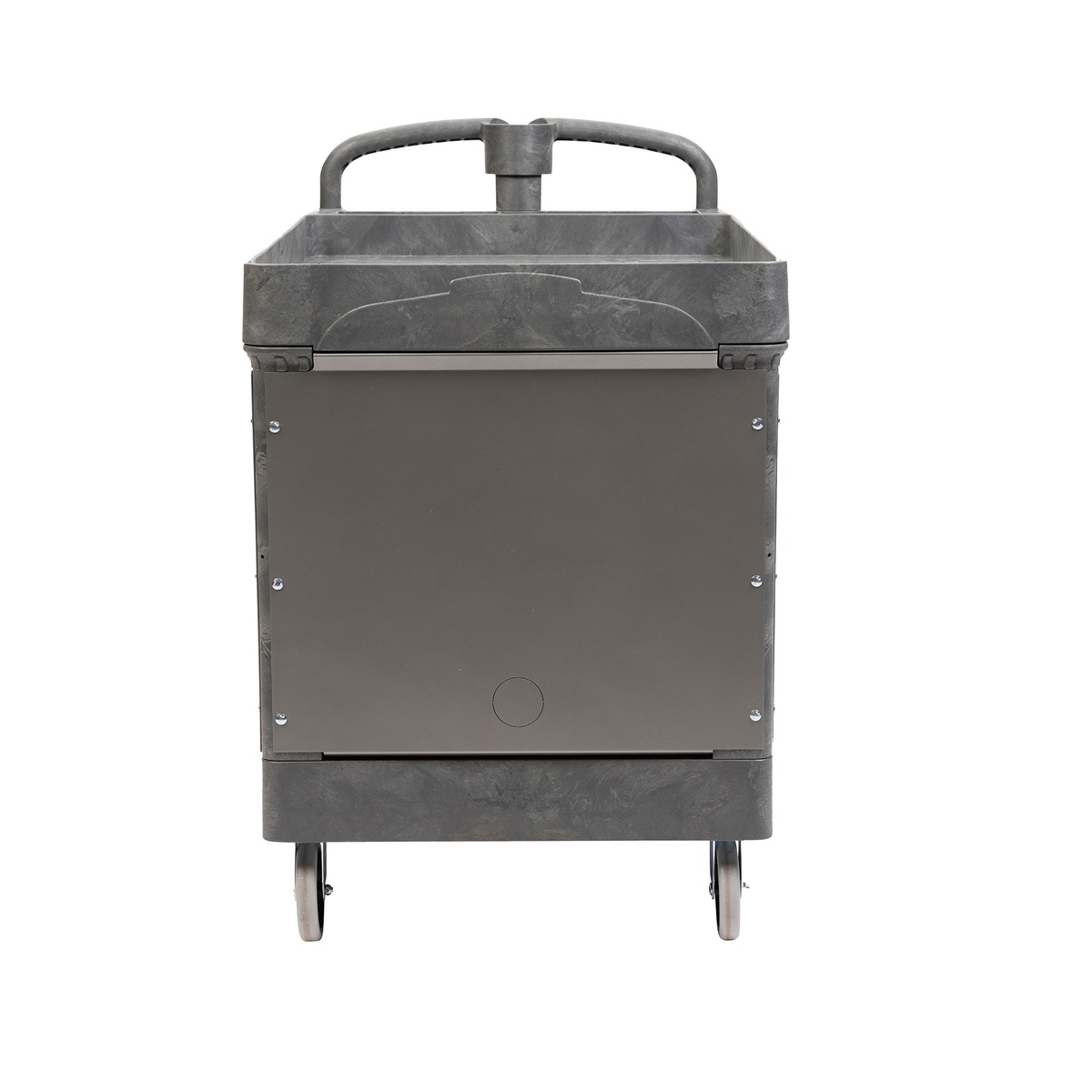 Side view of the Jet Tools LOAD-N-LOCK Security Cart System with PUC-4325 Resin Utility Cart showing end panel knock-out for power inlet access in a maintenance or industrial storage environment