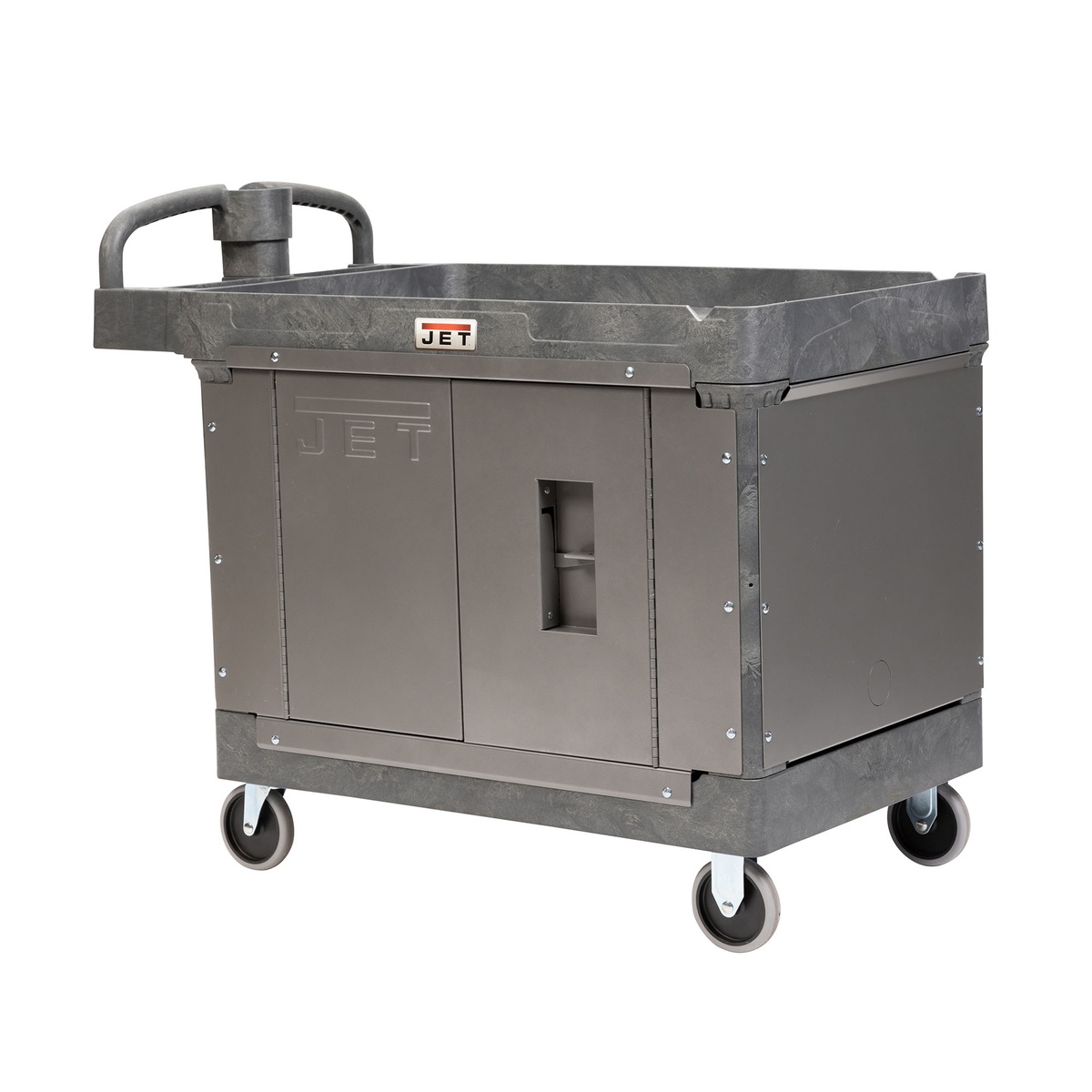 Jet Tools LOAD-N-LOCK Security Cart System with PUC-4325 Resin Utility Cart closed and ready to roll across a shop floor with steel security panels mounted to the resin cart body
