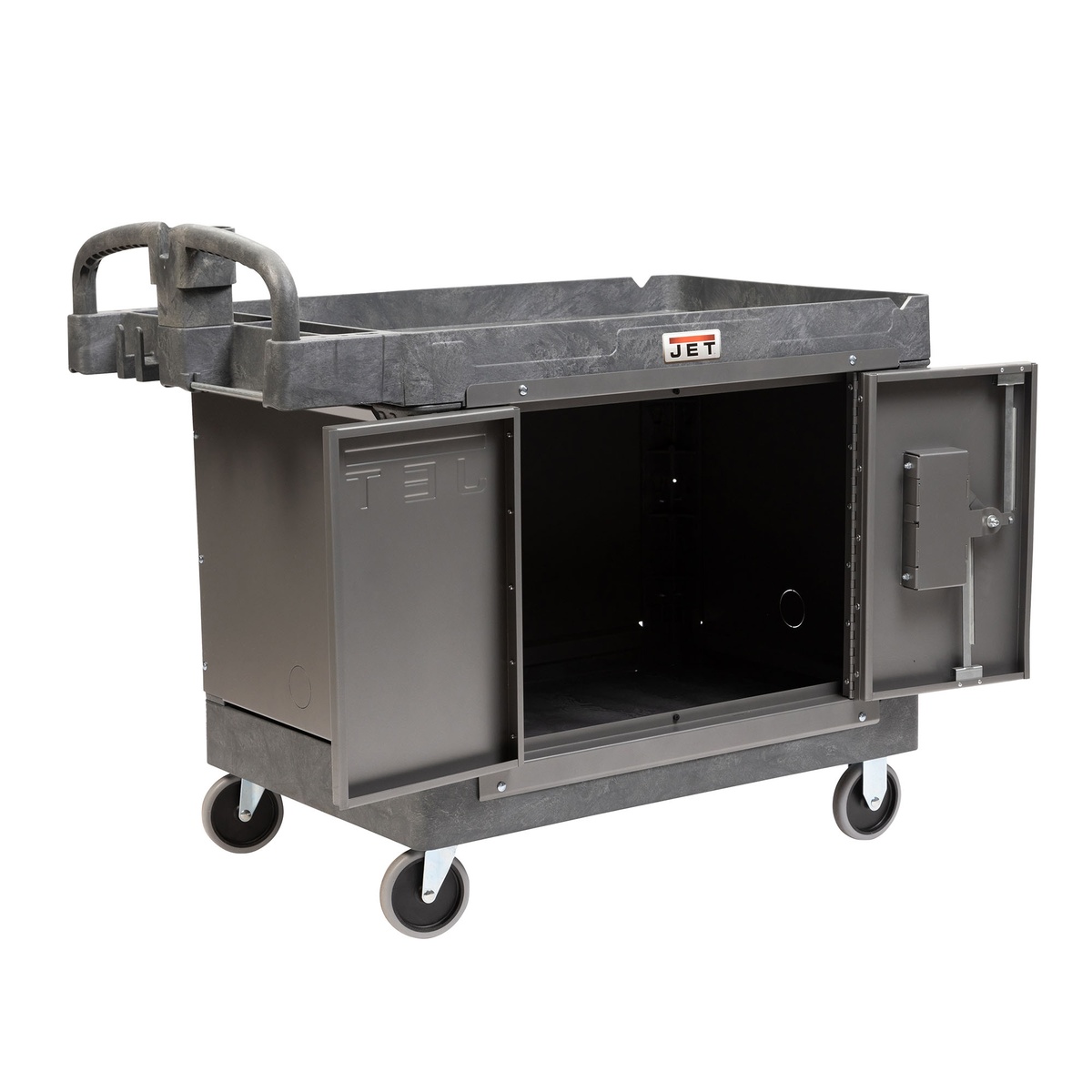 Jet Tools LOAD-N-LOCK Security Cart System with PUC-4325 Resin Utility Cart with both French doors open, showing the enclosed storage area for tools and supplies in a shop storage setup