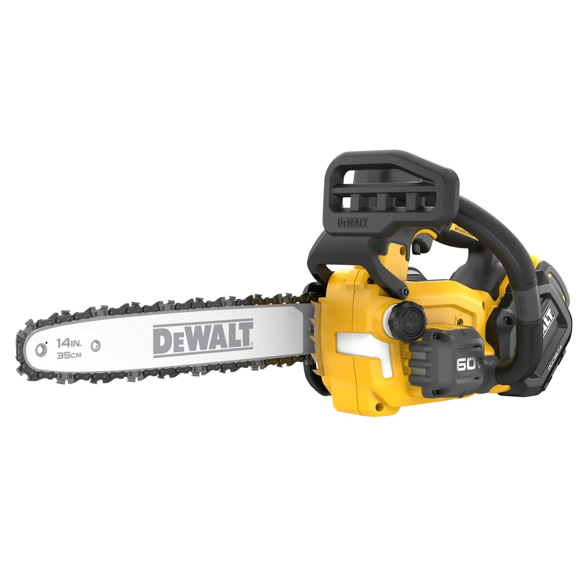 DEWALT DCCS674X2 60V MAX 14 in. Brushless Cordless Top Handle Chainsaw Kit shown with 14 inch bar and chain for pruning and removal work on tree care jobs