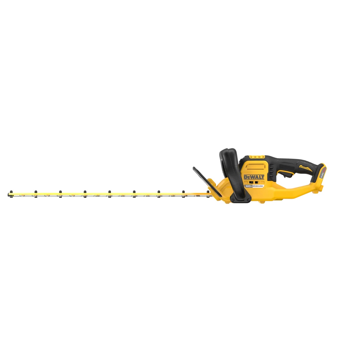 DEWALT 60V MAX 26-in. Brushless Cordless Hedge Trimmer side view showing the wrap-around auxiliary handle and long cutting blade