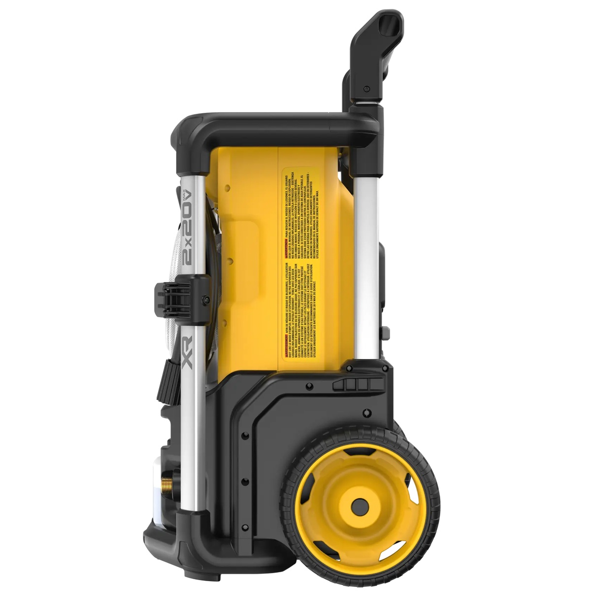 DEWALT DCPW1600Y2 2X20V MAX 1600 MAX PSI 1.2 GPM Brushless Cordless Pressure Washer Kit side profile showing the rolling frame, storage-focused layout, and compact body for transport between cleaning jobs