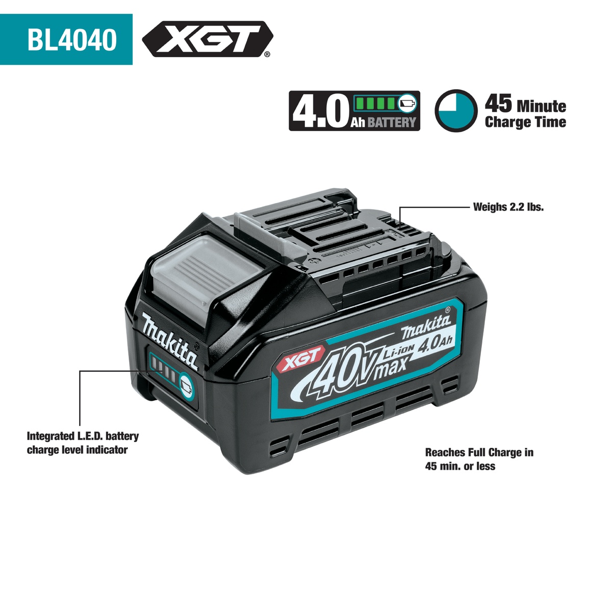 Makita BL4040-2 40V max XGT 4.0Ah Battery infographic showing 45 minute charge time, battery charge indicator, and single battery details for cordless tool use on the jobsite