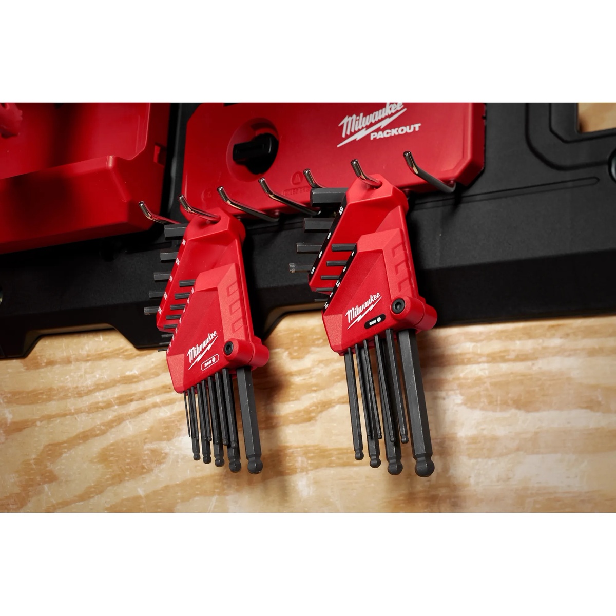 Milwaukee 48-22-2187 22-Key Ball End L-Key Set - SAE/Metric hanging on a workshop storage panel for organized shop and jobsite access