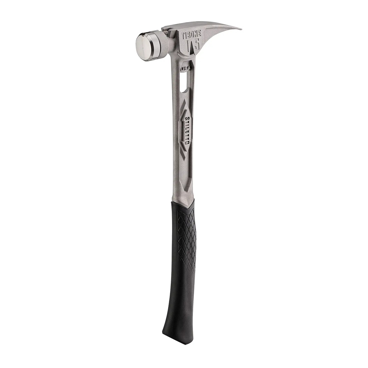 Stiletto TIBONE 15oz Smooth/Curved Titanium Framing Hammer product view showing the smooth replaceable face, titanium handle, and rubber grip