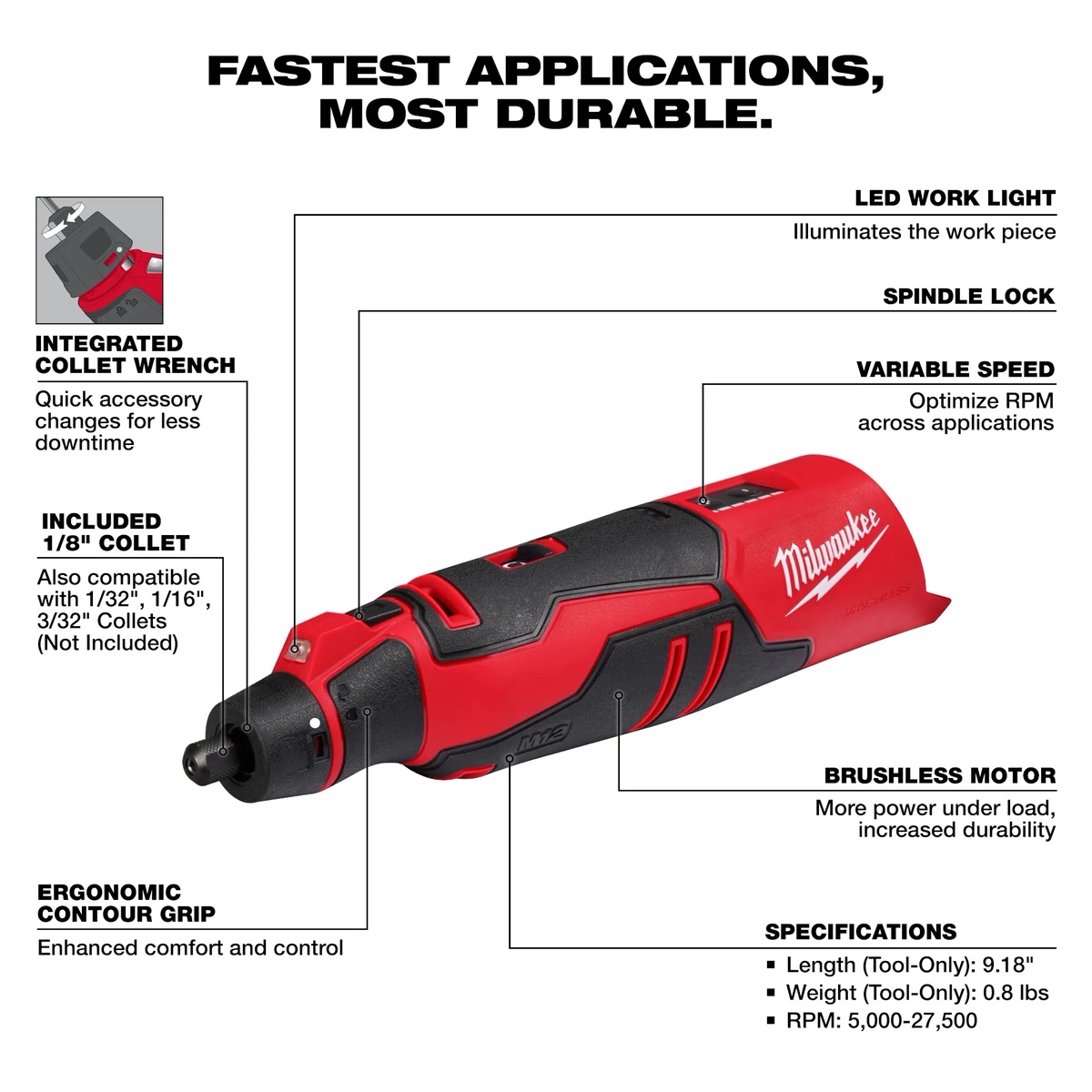 Milwaukee 2525-20 M12 Brushless Rotary Tool shown from above highlighting compact barrel grip, spindle lock, LED work light, and variable speed controls
