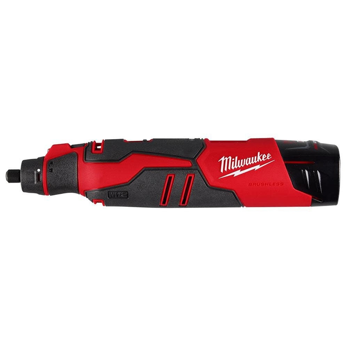 Milwaukee 2525-21 M12 Brushless Rotary Tool Kit clean side profile showing compact cordless rotary tool body and collet nose