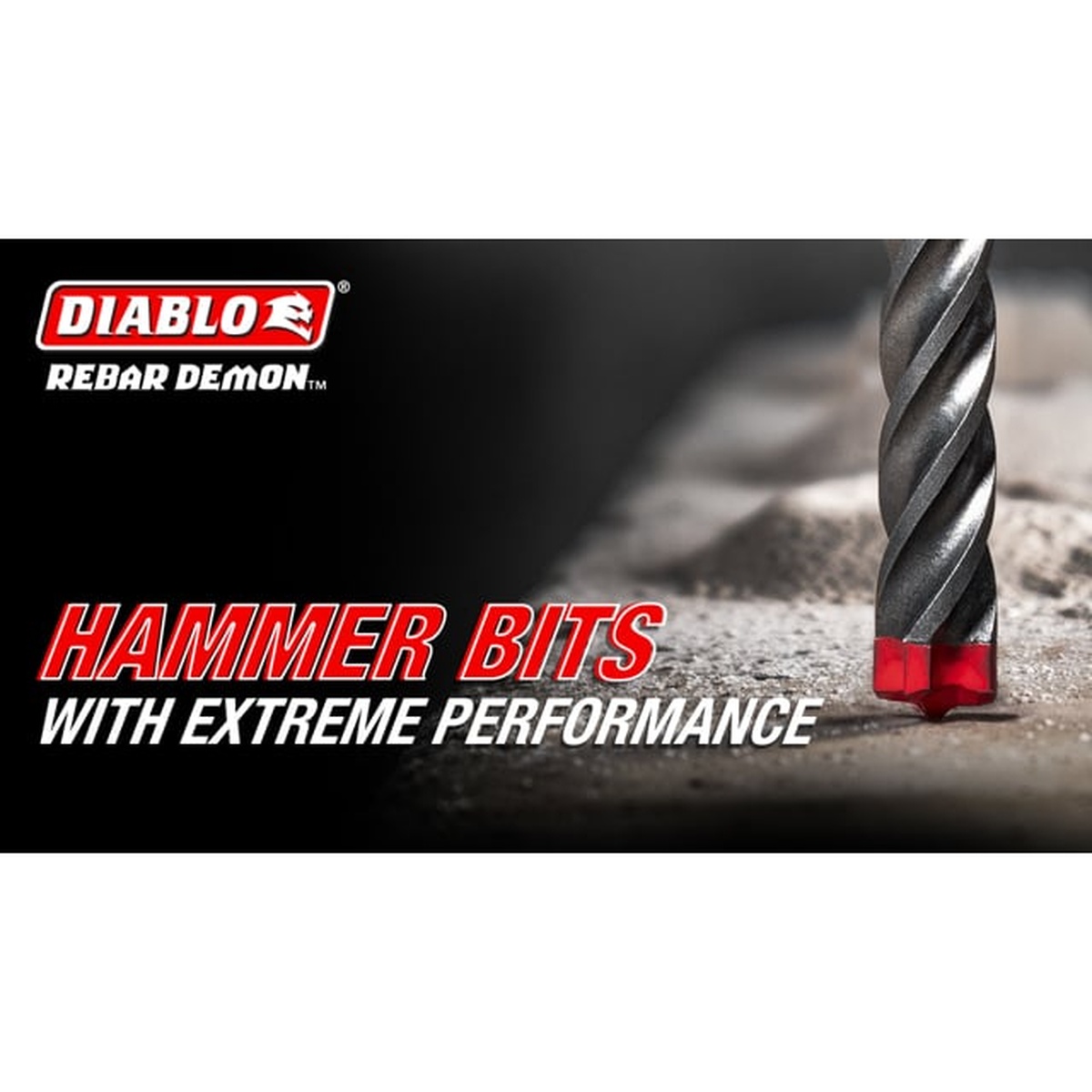 Diablo 1/2 in x 6 in x 8 in Rebar Demon SDS-Plus 4-Cutter Full Carbide Head Hammer Drill Bit (25-Pack) drilling into concrete with the red 4-cutter head at the surface