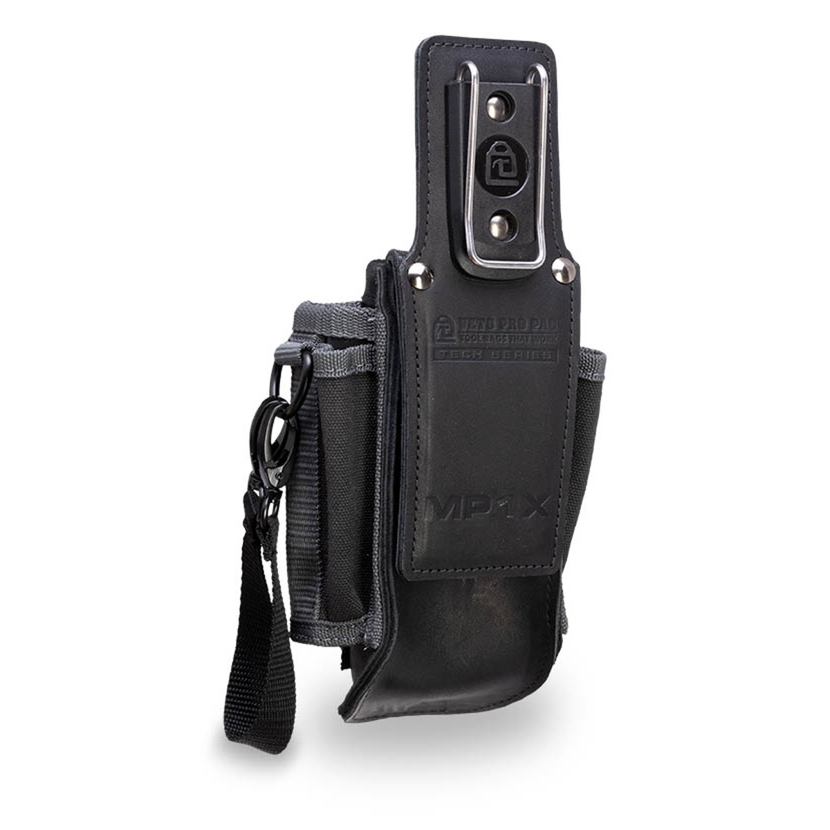 Rear view of the Veto Pro Pac MP1X 9 Pocket Compact Leather-Backed Tool Pouch showing belt clip and leather backing for pocket or belt carry