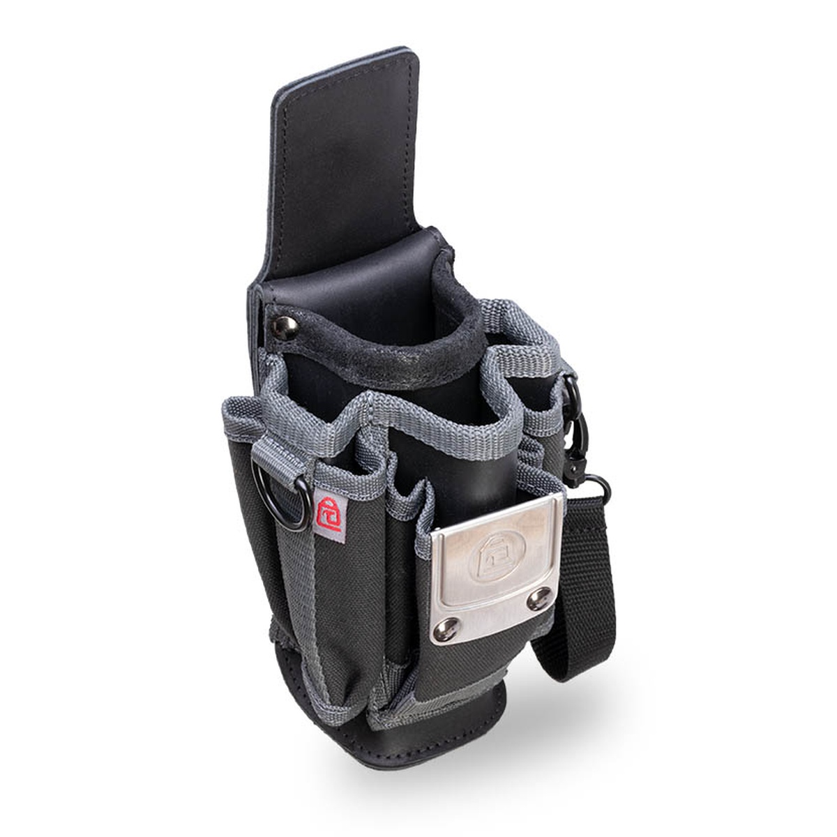 Front angle of the Veto Pro Pac MP1X 9 Pocket Compact Leather-Backed Tool Pouch showing open pockets, D-ring, and tape clip for compact service tool carry