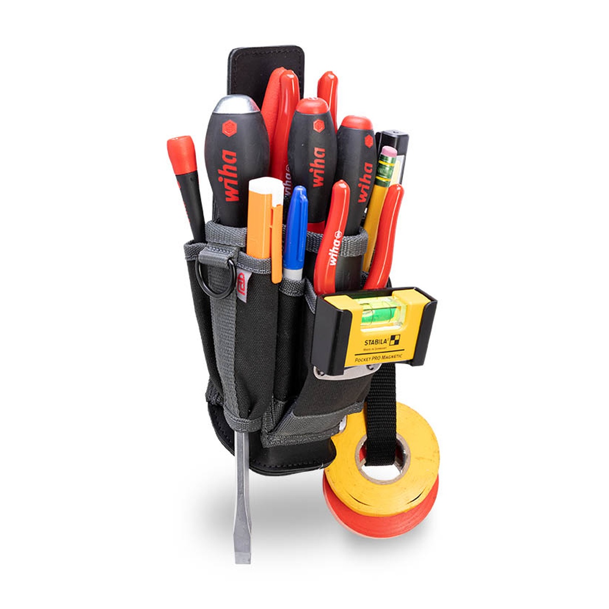 Veto Pro Pac MP1X 9 Pocket Compact Leather-Backed Tool Pouch loaded with insulated screwdrivers, pliers, marker, level, and electrical tape for electrical service work