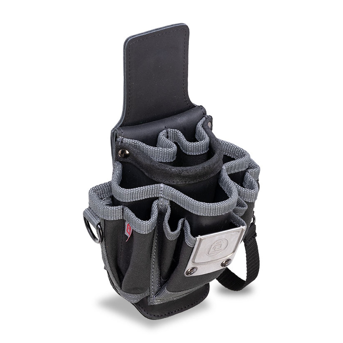Open view of the Veto Pro Pac MP2X leather-backed tool pouch highlighting the vertical pocket arrangement and structured leather-backed body