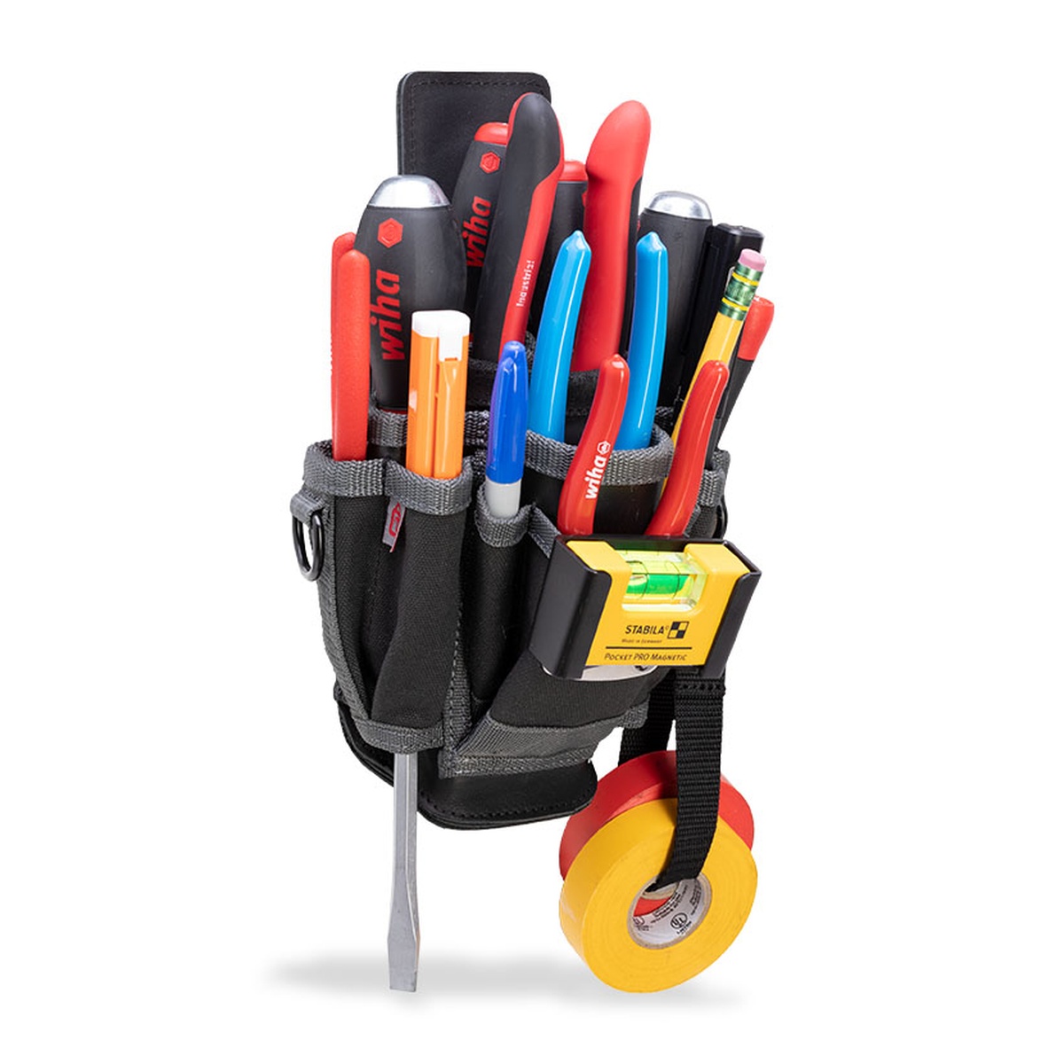 Veto Pro Pac MP2X 11 Pocket Compact Leather-Backed Tool Pouch loaded with insulated drivers, pliers, marker, level, and electrical tape for electrical service work