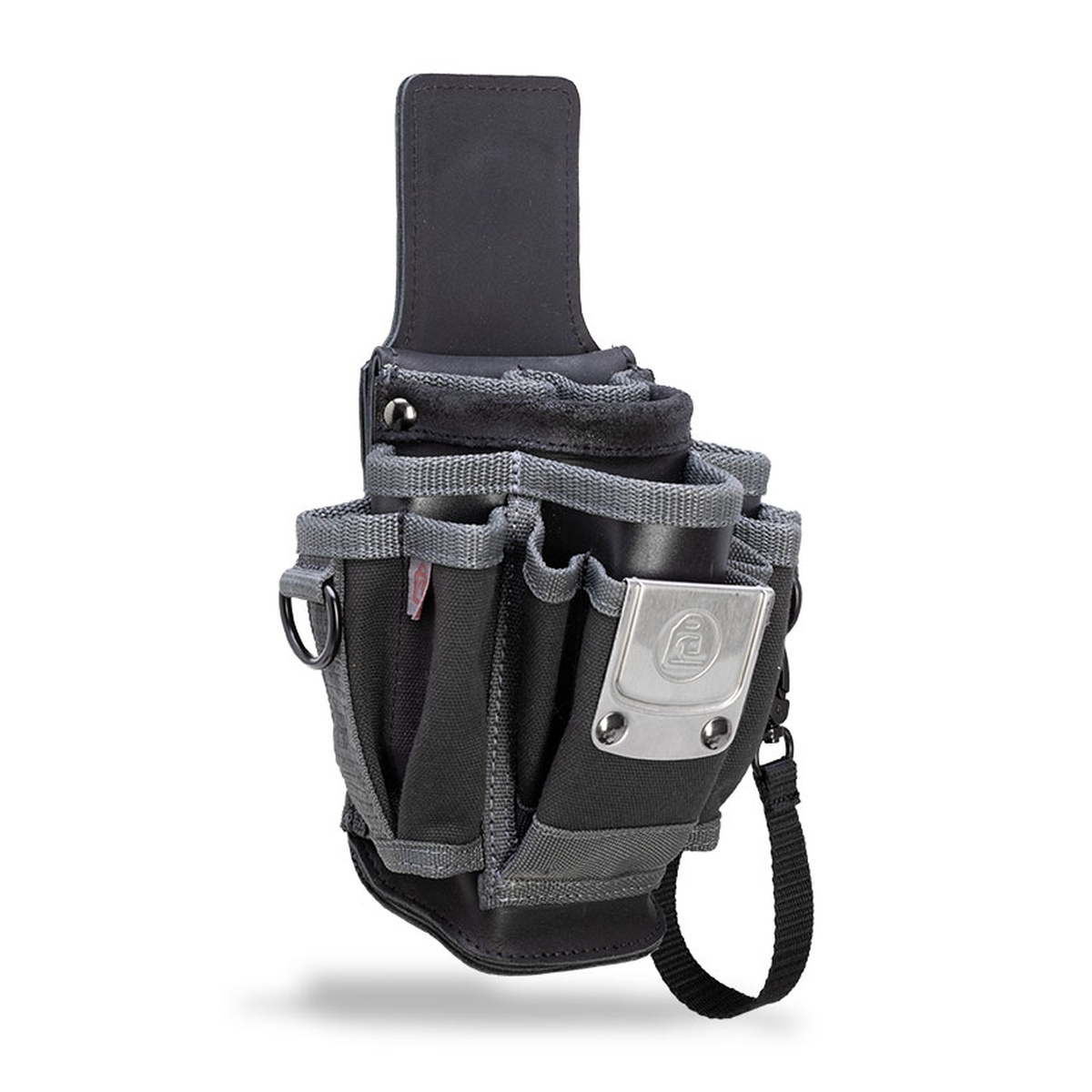 Front angle of the Veto Pro Pac MP2X tool pouch showing the stainless tape clip, side pockets, and D-ring attachment points