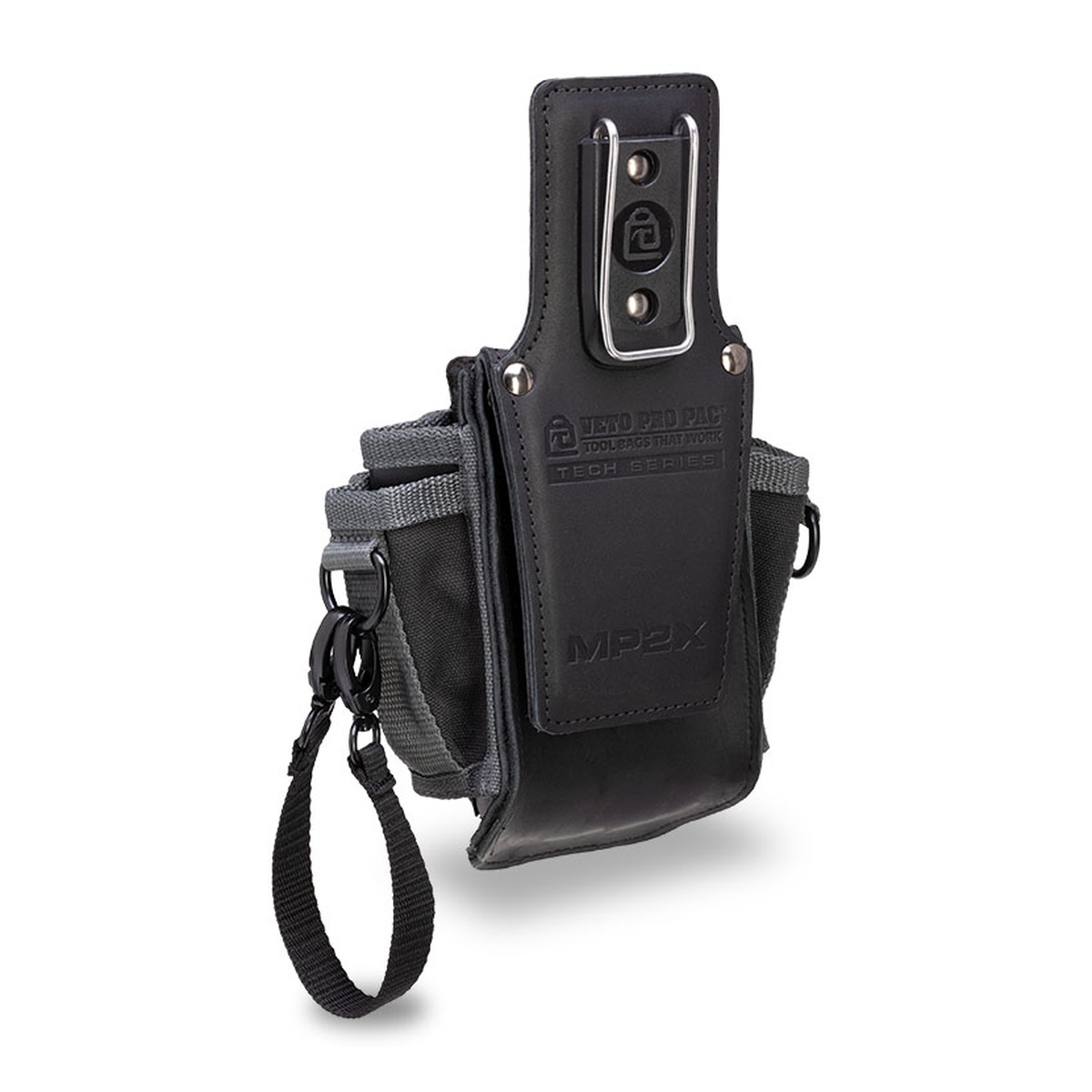 Back view of the Veto Pro Pac MP2X compact tool pouch showing the leather Pocket Stuffer and wire-formed belt clip for belt or bag attachment